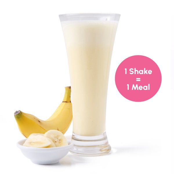 Glass of banana flavour Shake That Weight meal replacement shake