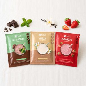 Shake That Weight mint chocolate, vanilla and strawberry flavoured shake sachets with chocolate, mint, vanilla and strawberries