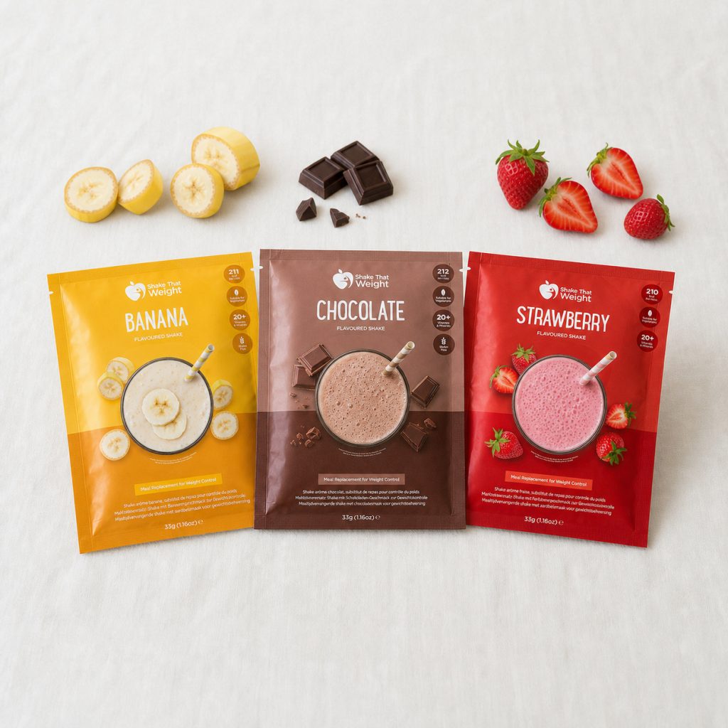 Banana, chocolate and strawberry shake sachets laid out with fresh banana, chocolate and strawberries