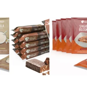 Build My 30 Day Bundle: Shake That Weight vanilla shake sachets, dark chocolate meal bars, and spaghetti bolognese meal pouches for a 30-day 2-meals-a-day plan