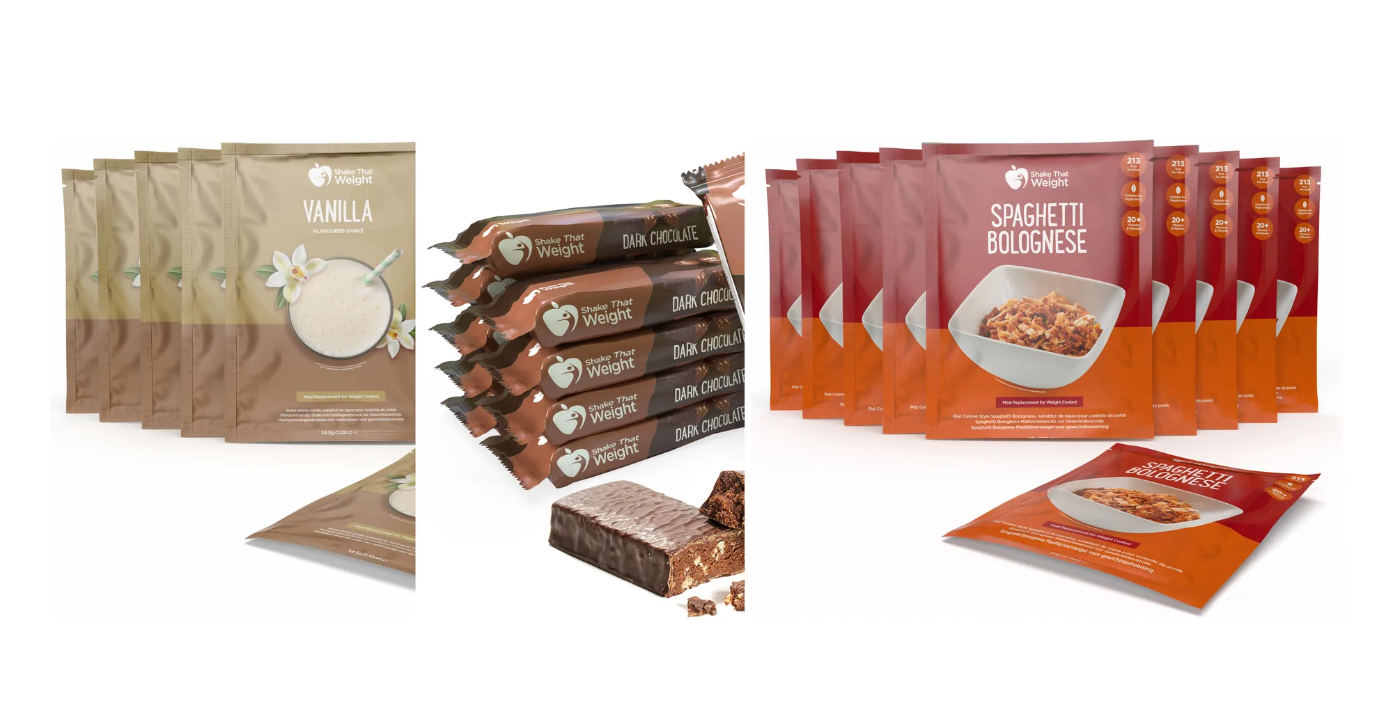 Build My 30 Day Bundle: Shake That Weight vanilla shake sachets, dark chocolate meal bars, and spaghetti bolognese meal pouches for a 30-day 2-meals-a-day plan
