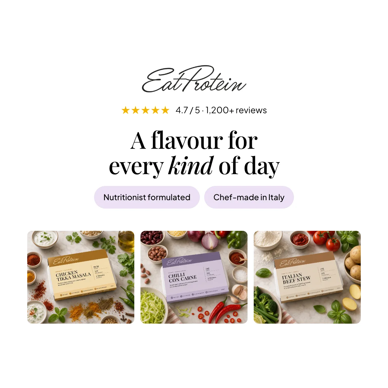 The EatProtein ready meal range — chicken tikka masala, chilli con carne and Italian beef stew — nutritionist formulated and chef-made in Italy